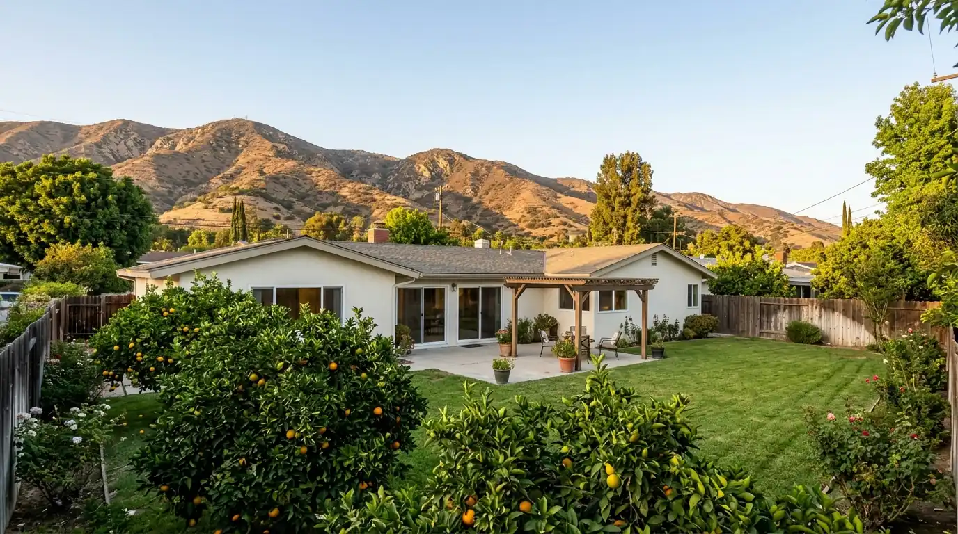 Granada Hills ranch home with mature citrus trees and foothills behind in Los Angeles, pestcontrolhuntingtonbeachca Granada Hills feature