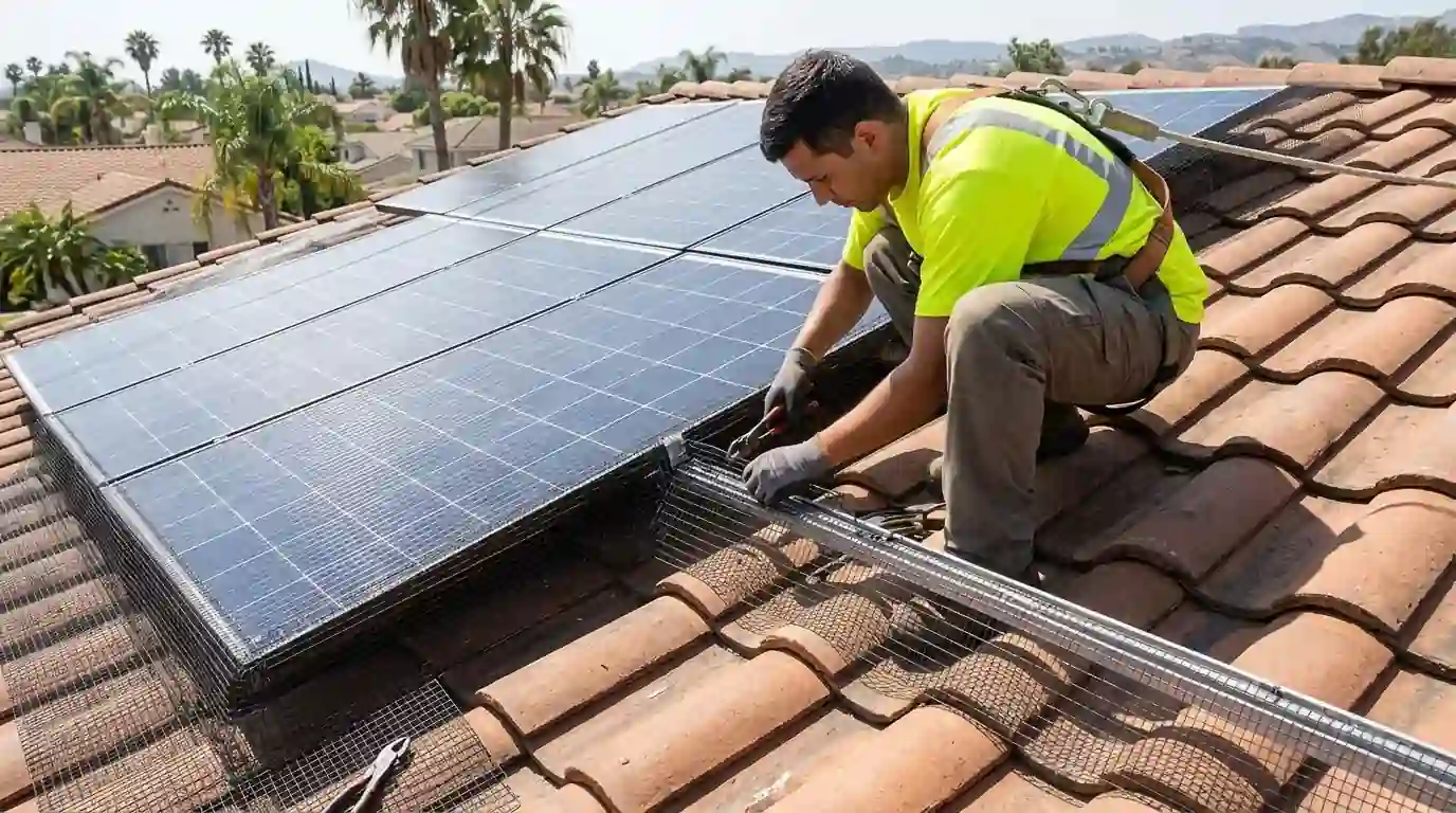 Mesh skirting being installed around the edge of rooftop solar panels on a Los Angeles home, pestcontrolhuntingtonbeachca bird feature