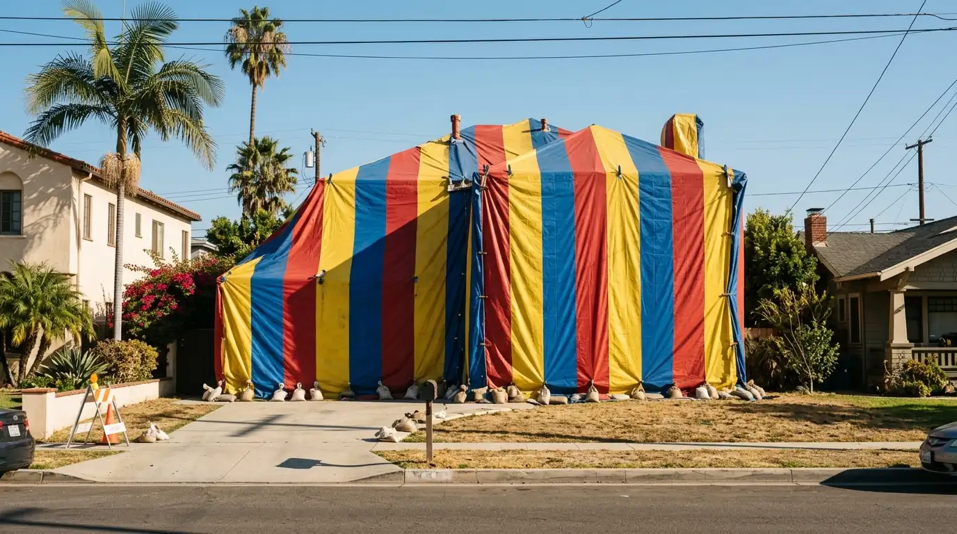 Two-story Los Angeles home fully covered in striped fumigation tarps on a sunny afternoon, pestcontrolhuntingtonbeachca fumigation guide feature