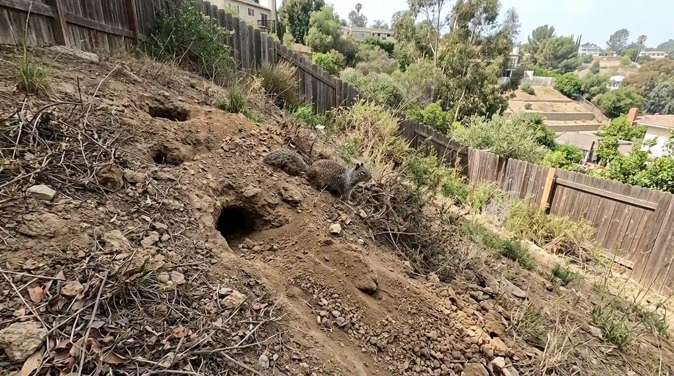 Ground squirrel burrow openings along the edge of a sloped backyard in a Los Angeles hillside neighborhood, pestcontrolhuntingtonbeachca ground squirrel detail