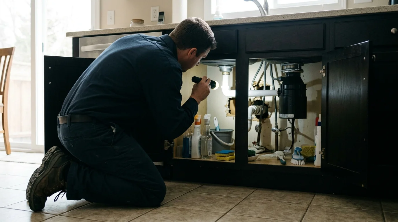Technician inspecting the kitchen plumbing penetrations under a sink in a Los Angeles home with a flashlight, pestcontrolhuntingtonbeachca residential detail