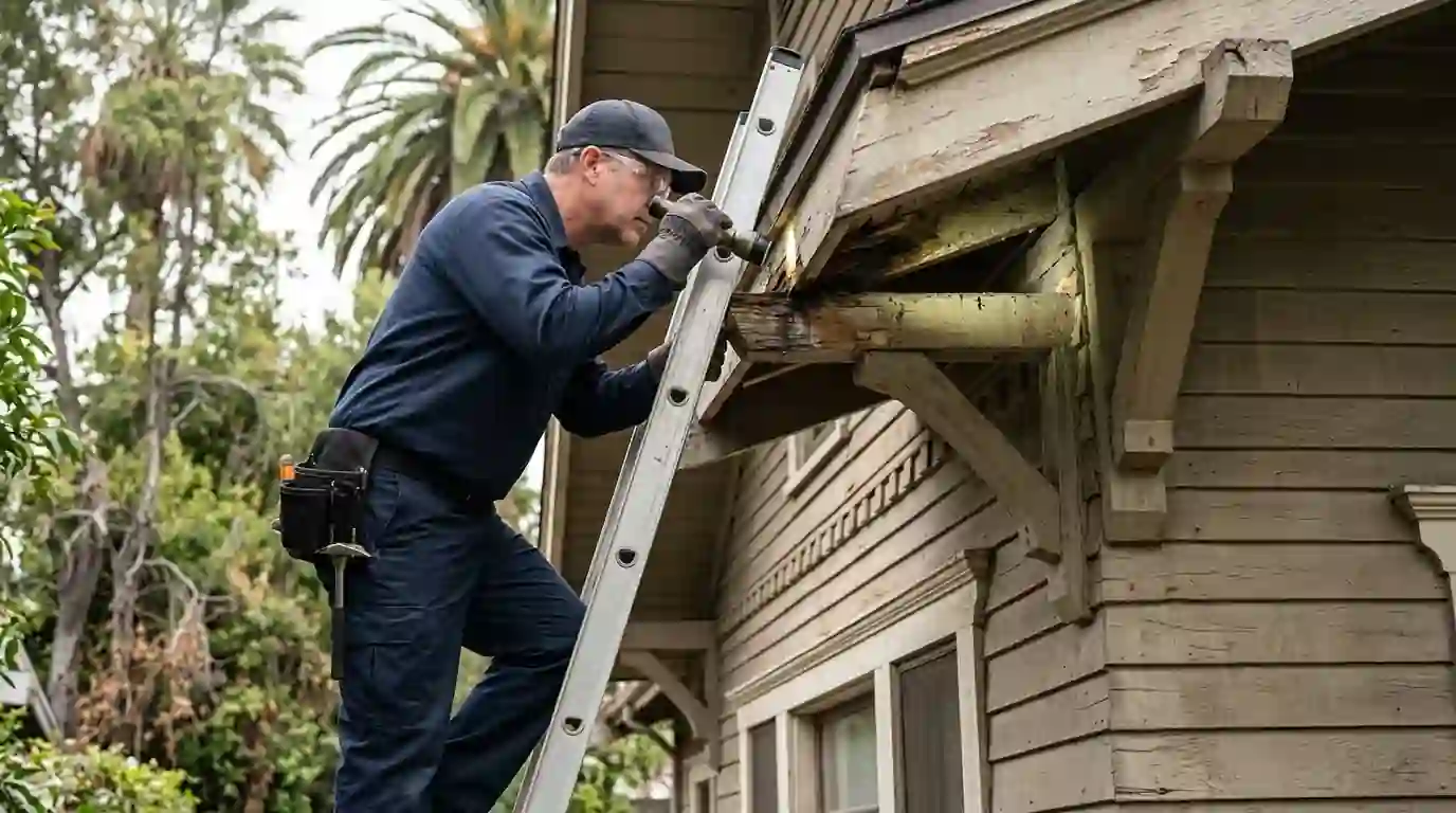 Technician inspecting the wooden eaves and rafter tails of an older Los Angeles craftsman home with a flashlight, pestcontrolhuntingtonbeachca carpenter ant feature