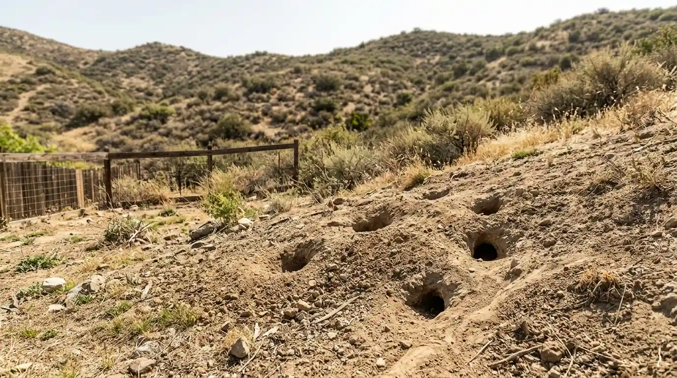 Ground squirrel burrows at the base of a backyard slope against chaparral hills in Santa Clarita, pestcontrolhuntingtonbeachca Santa Clarita detail