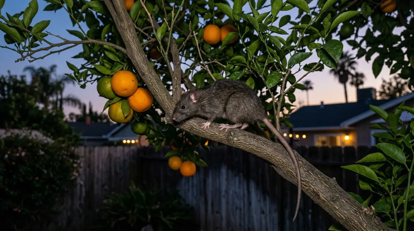 Roof rat on a backyard orange tree branch at dusk in Sherman Oaks Los Angeles, pestcontrolhuntingtonbeachca Sherman Oaks detail