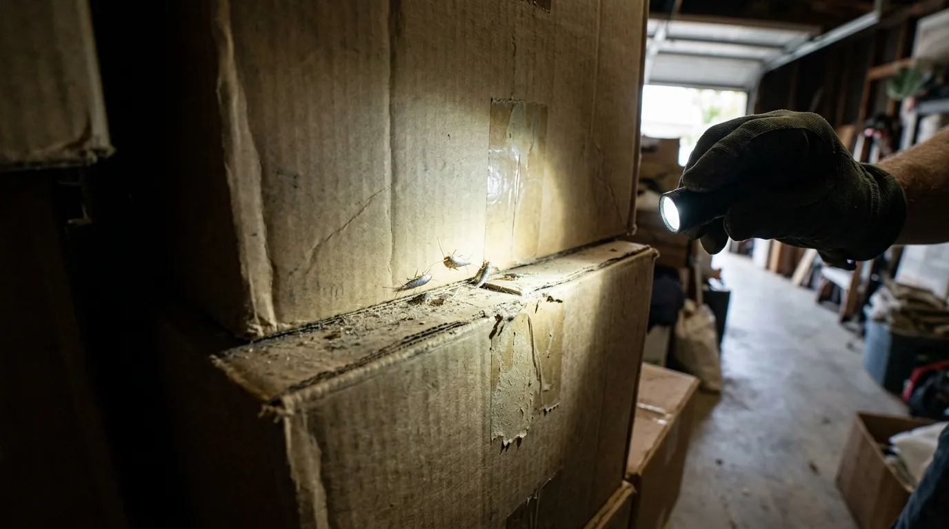 Stacked cardboard storage boxes in a Los Angeles garage being inspected with a flashlight, pestcontrolhuntingtonbeachca silverfish feature