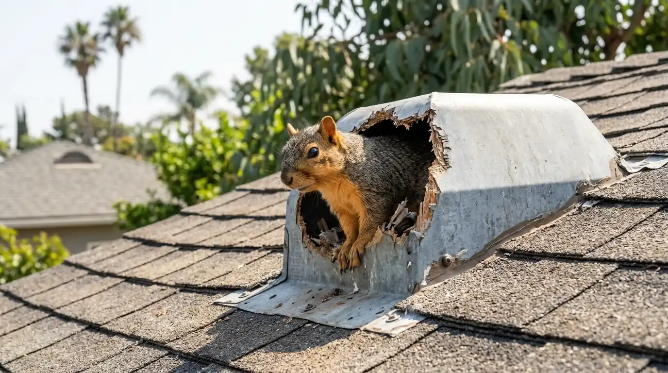 Fox squirrel peering out of a chewed hole in a roof vent on a Los Angeles home, pestcontrolhuntingtonbeachca squirrel detail