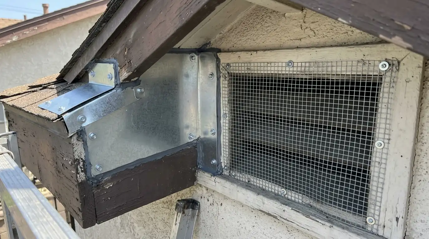 Close-up of new sheet metal sealing a roof return gap on a Los Angeles home with hardware cloth over the adjacent vent, pestcontrolhuntingtonbeachca exclusion detail