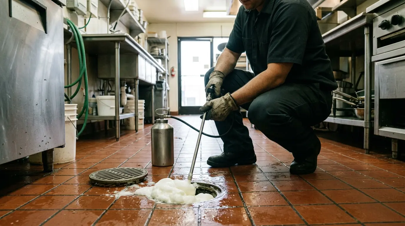 Technician applying bio-foam treatment into a commercial floor drain in a Los Angeles kitchen, pestcontrolhuntingtonbeachca fly detail