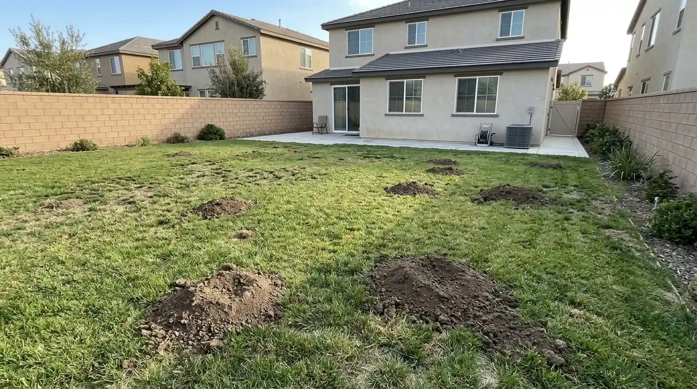 Fresh gopher mounds across a backyard lawn of a newer tract home in Eastvale California, pestcontrolhuntingtonbeachca Riverside County detail