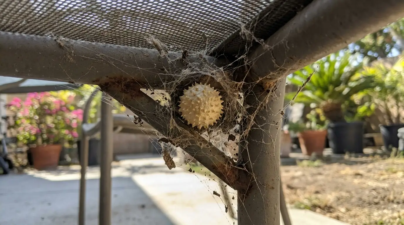 Spiky brown widow egg sac attached under the seat of a patio chair in a Los Angeles backyard, pestcontrolhuntingtonbeachca widow guide egg sac