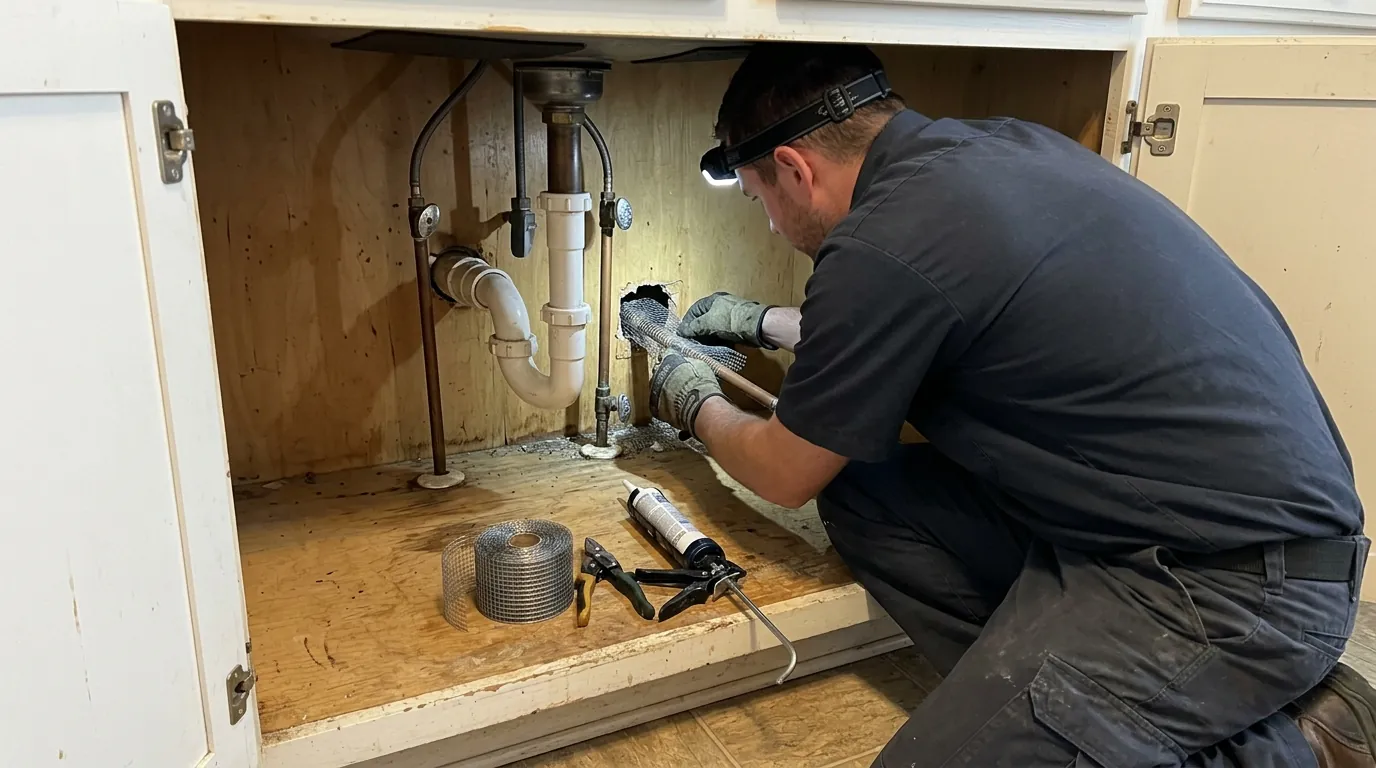 Technician sealing a pipe penetration under a kitchen sink with metal mesh in a Los Angeles home, pestcontrolhuntingtonbeachca mouse feature