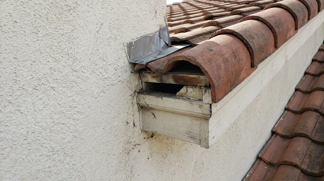 Roof return gap where two roof planes meet a stucco wall on a Los Angeles home, a common roof rat entry, pestcontrolhuntingtonbeachca roof rat guide entry