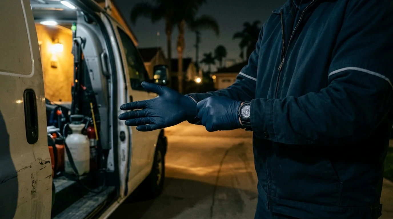 Close-up of a technician putting on gloves beside a service van at night in Los Angeles, warm porch light in the background, pestcontrolhuntingtonbeachca emergency feature