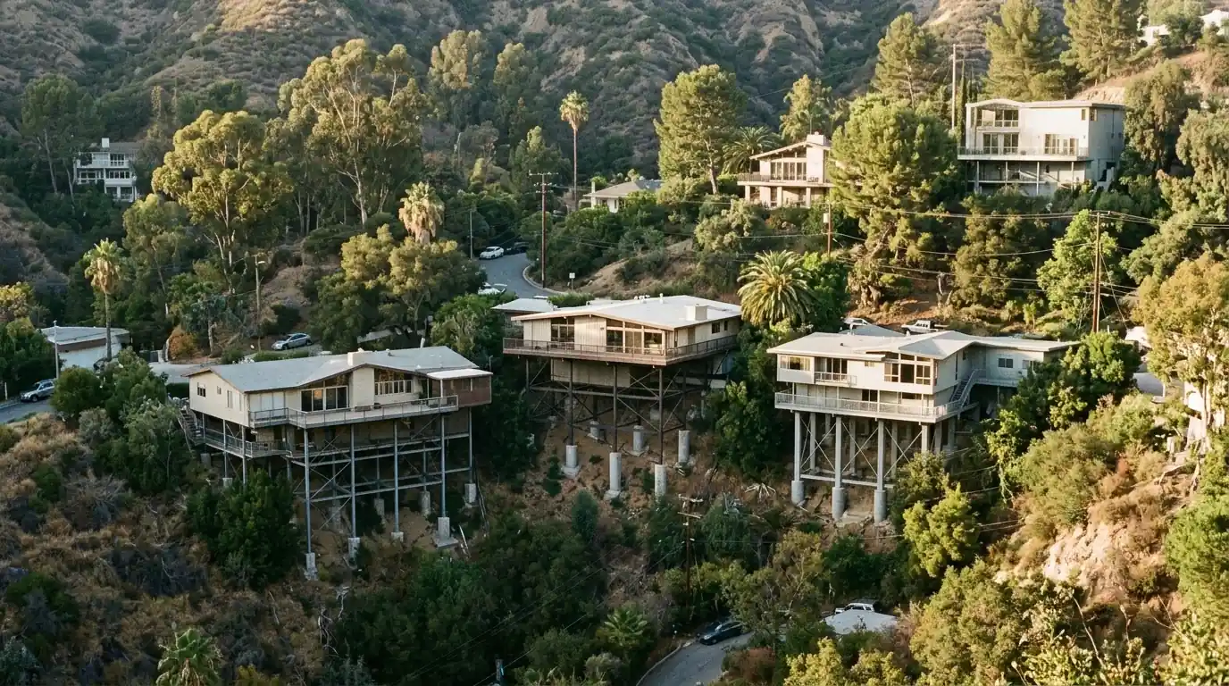 Hillside homes on stilts among trees in a Hollywood Hills canyon in Los Angeles, pestcontrolhuntingtonbeachca Hollywood Hills feature