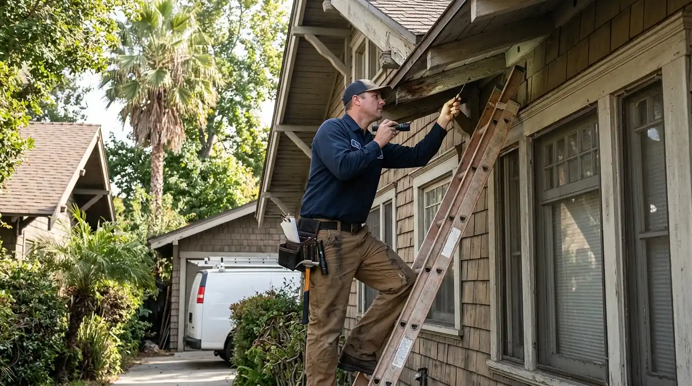 Technician inspecting the eaves of a historic Fullerton home for drywood termite evidence, pestcontrolhuntingtonbeachca Fullerton detail