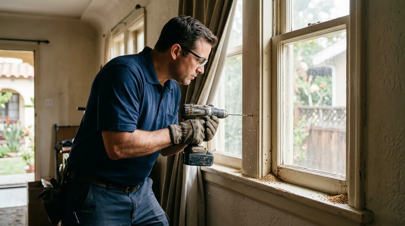 Technician drilling a small injection hole into a wooden window frame with drywood termite evidence in a Los Angeles home, pestcontrolhuntingtonbeachca non-fumigation detail