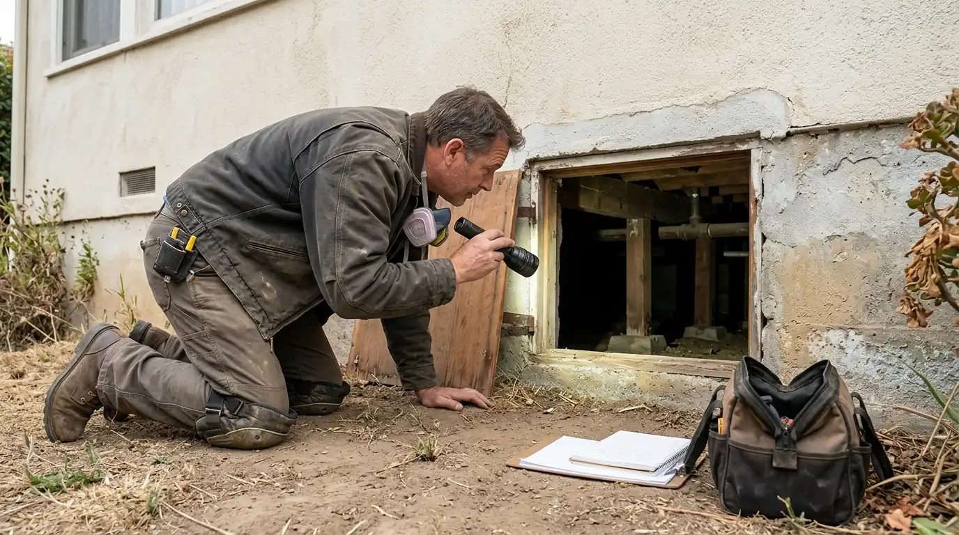 Inspector checking a raised foundation crawl space with a flashlight during an escrow inspection in Los Angeles, pestcontrolhuntingtonbeachca escrow guide inspection