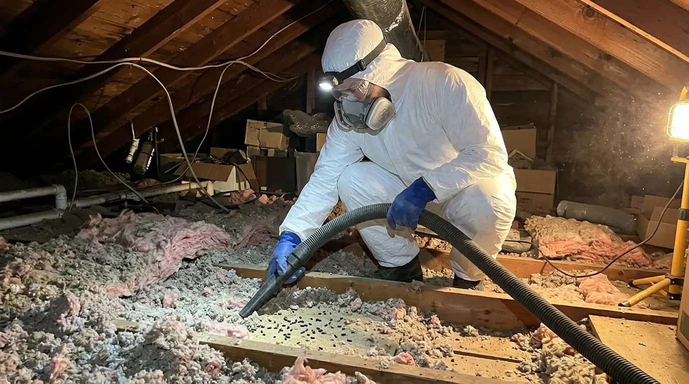 Technician in protective gear HEPA vacuuming rodent droppings from attic insulation in a Los Angeles home, pestcontrolhuntingtonbeachca attic cleanup detail