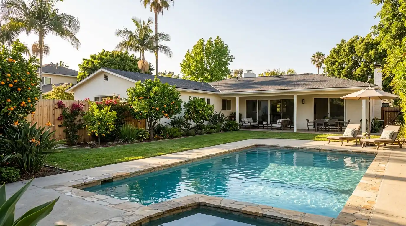 Ranch-style home with a pool and citrus trees in a Sherman Oaks backyard in Los Angeles, pestcontrolhuntingtonbeachca Sherman Oaks feature