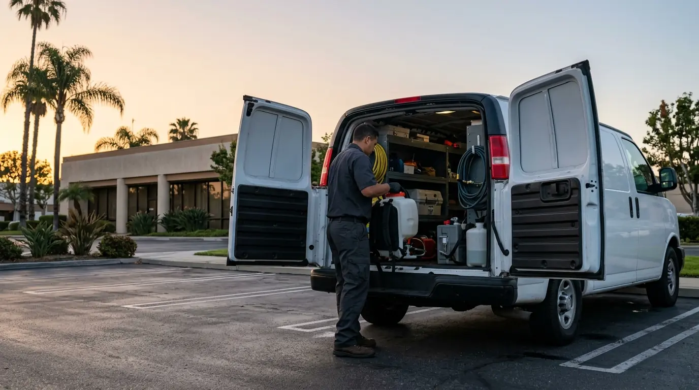 Pest control technician loading treatment equipment into a service van outside a Los Angeles office at dawn, pestcontrolhuntingtonbeachca treatments index feature