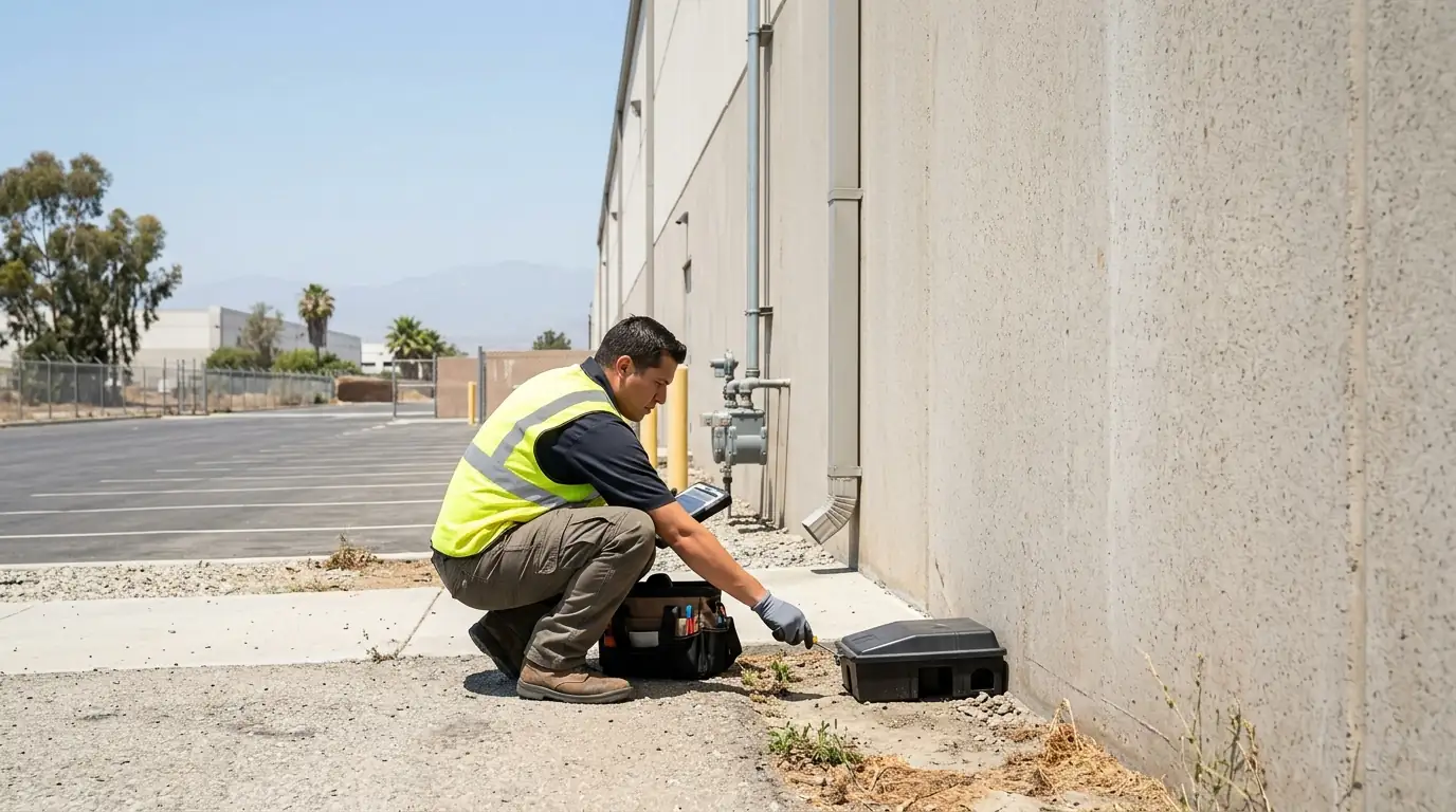 Technician checking a rodent bait station along the exterior wall of a large warehouse in Ontario California, pestcontrolhuntingtonbeachca San Bernardino County detail