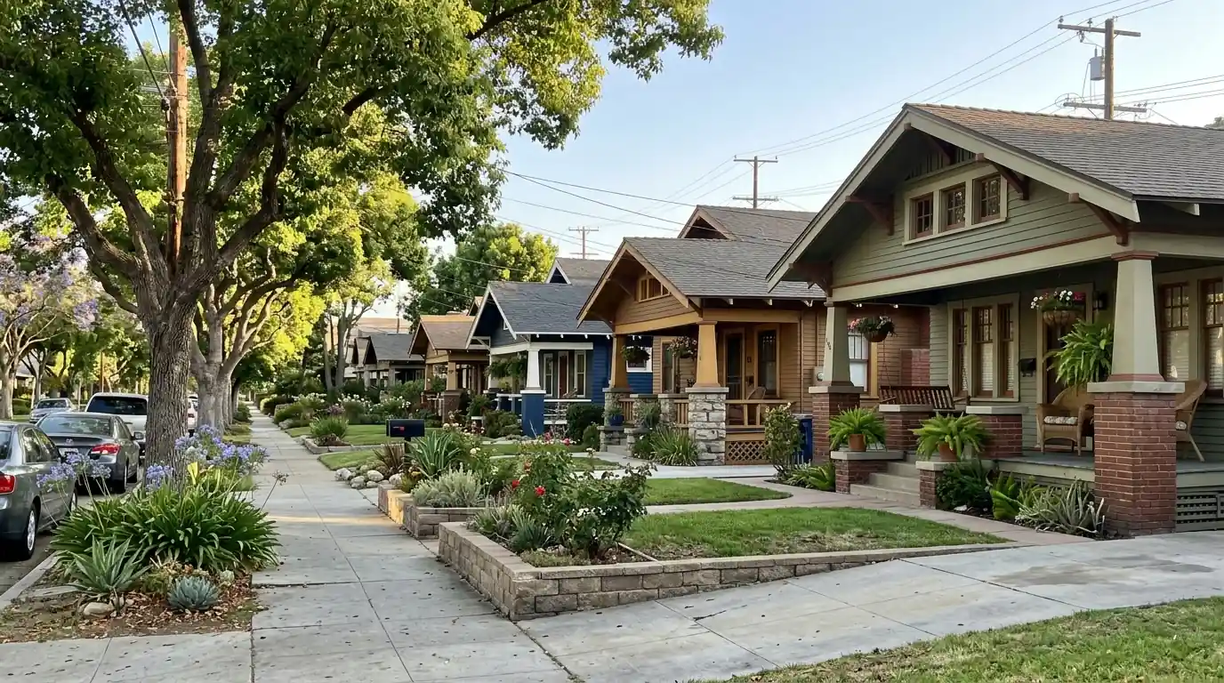 Row of craftsman bungalows with front porches on a tree-lined street in Long Beach California, pestcontrolhuntingtonbeachca Long Beach feature