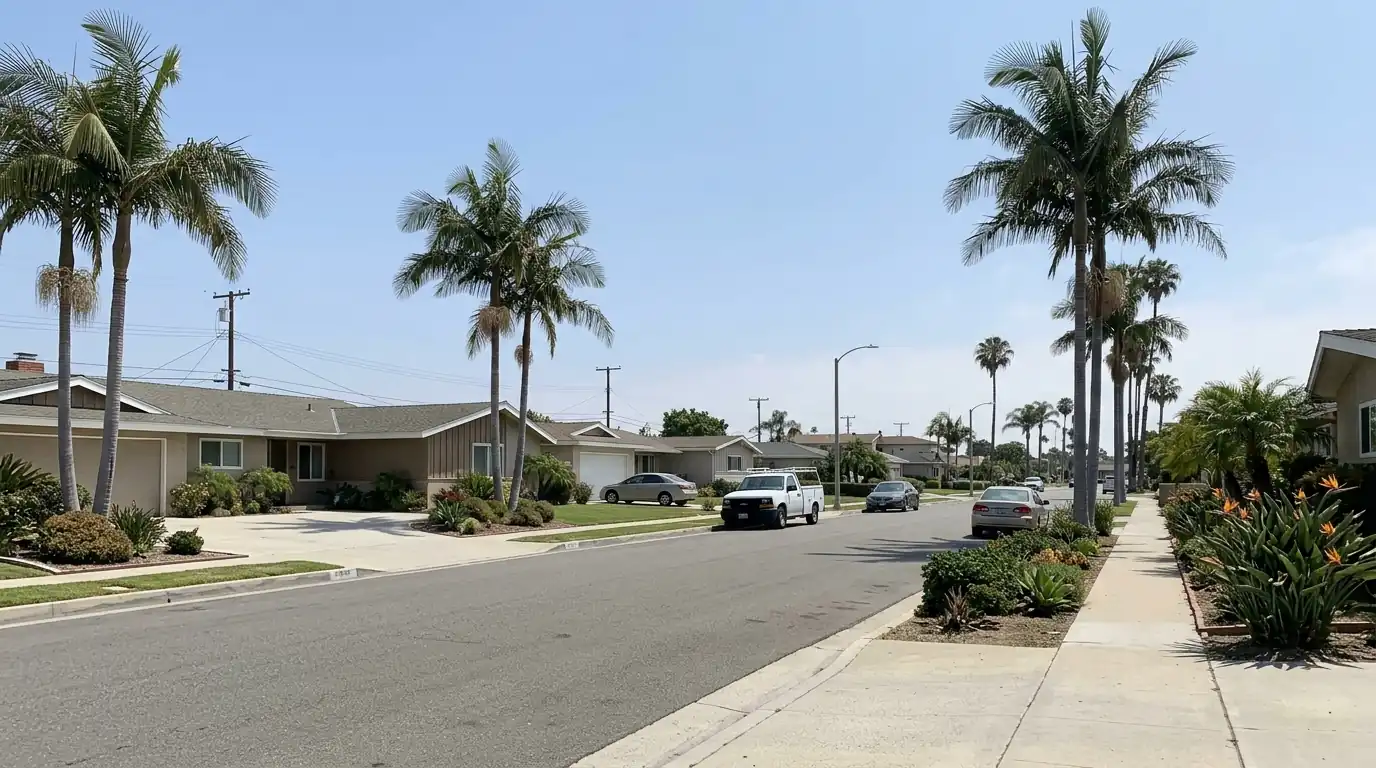 Mid-century single-story homes with palm trees on a residential street in Huntington Beach California, pestcontrolhuntingtonbeachca Huntington Beach feature