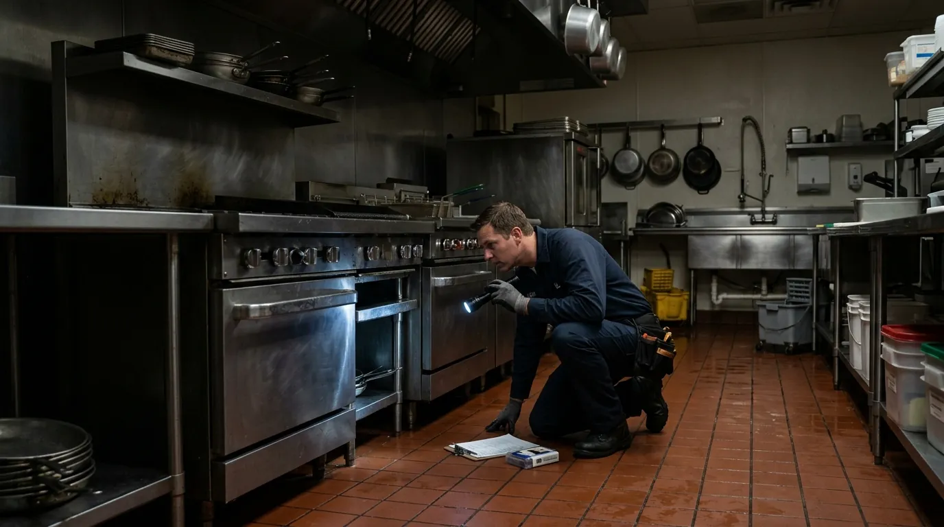 Technician inspecting a commercial kitchen line after closing in an Anaheim restaurant, pestcontrolhuntingtonbeachca Anaheim detail