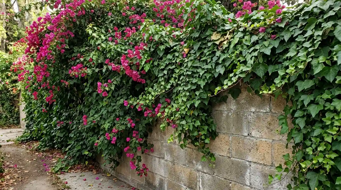 Dense ivy and bougainvillea along a block wall in an Orange County backyard where roof rats harbor, pestcontrolhuntingtonbeachca Orange County detail