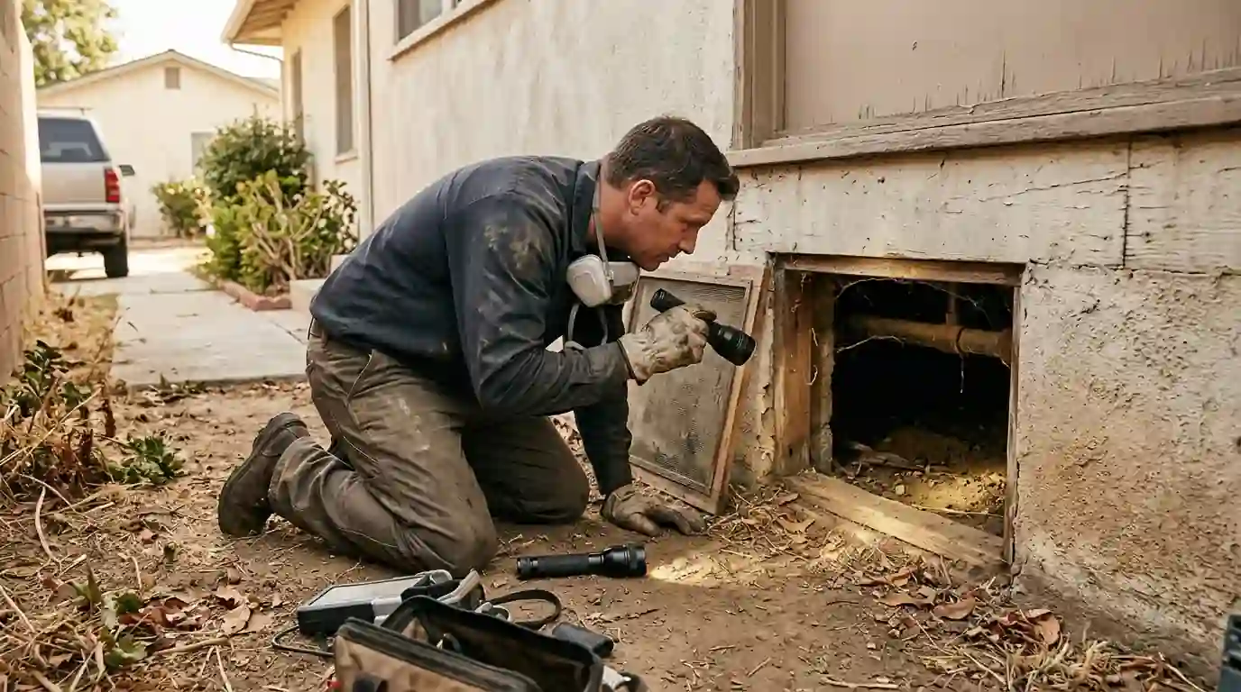 Technician using a flashlight to inspect a crawl space access under a raised-foundation Los Angeles house, pestcontrolhuntingtonbeachca dead animal detail