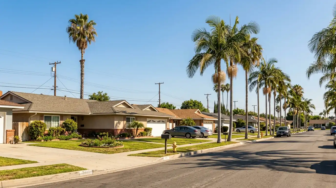 Anaheim residential street with ranch-style homes and palm trees under a clear sky, pestcontrolhuntingtonbeachca Anaheim feature