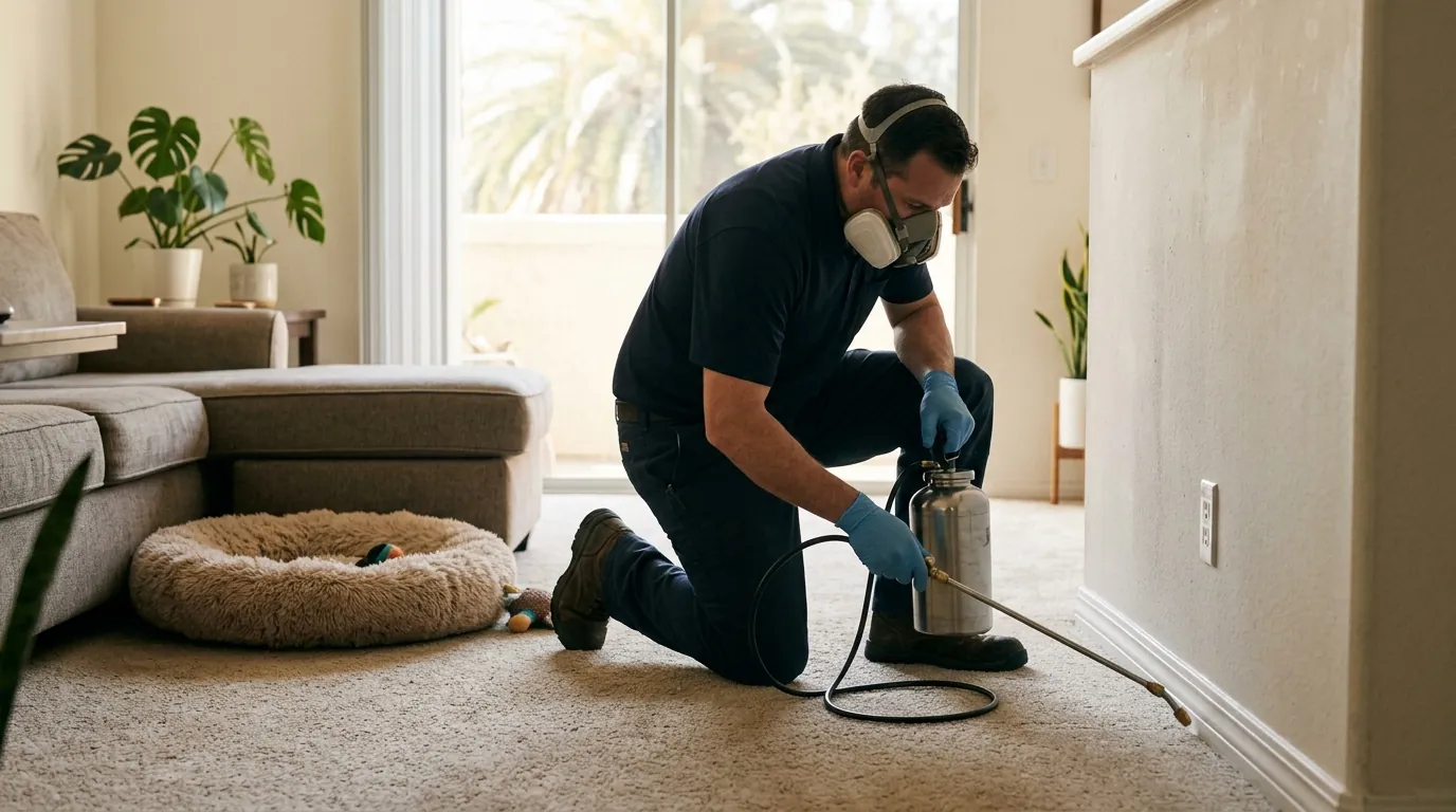 Technician treating carpet and baseboard edges in a Los Angeles living room with a pet bed nearby, pestcontrolhuntingtonbeachca flea detail