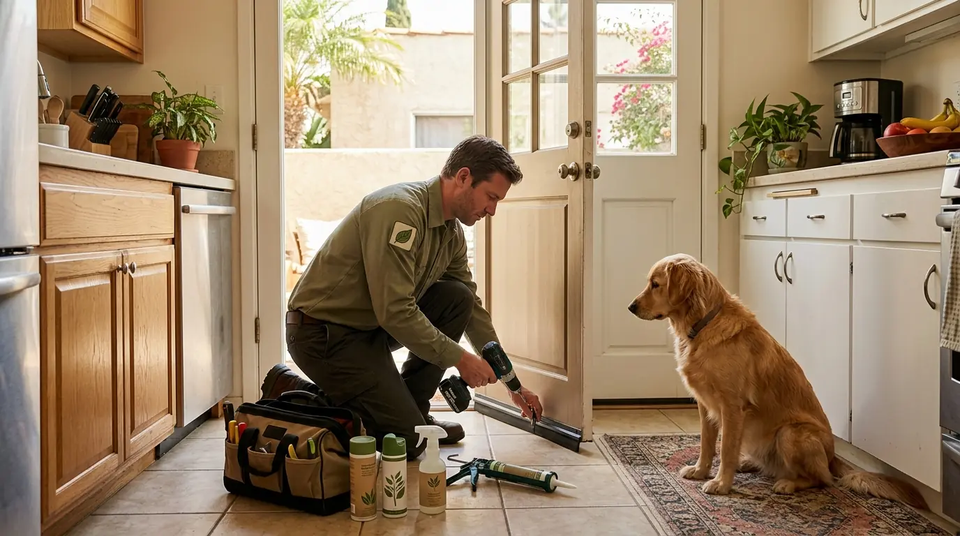 Technician sealing a gap under a back door with a door sweep while a dog watches in a Los Angeles kitchen, pestcontrolhuntingtonbeachca eco-friendly detail
