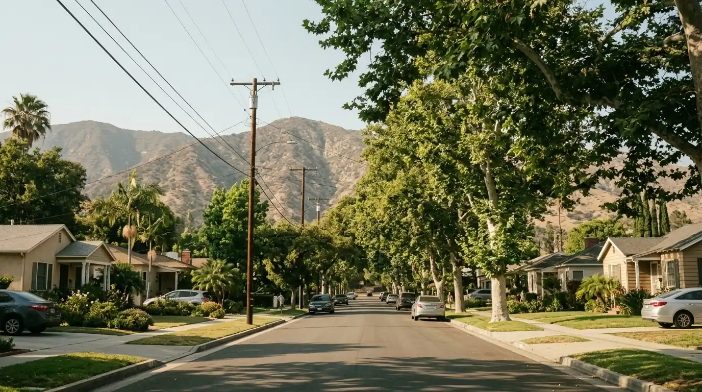 Tree-lined Burbank street of 1940s bungalows with the Verdugo Mountains in the background, pestcontrolhuntingtonbeachca Burbank feature