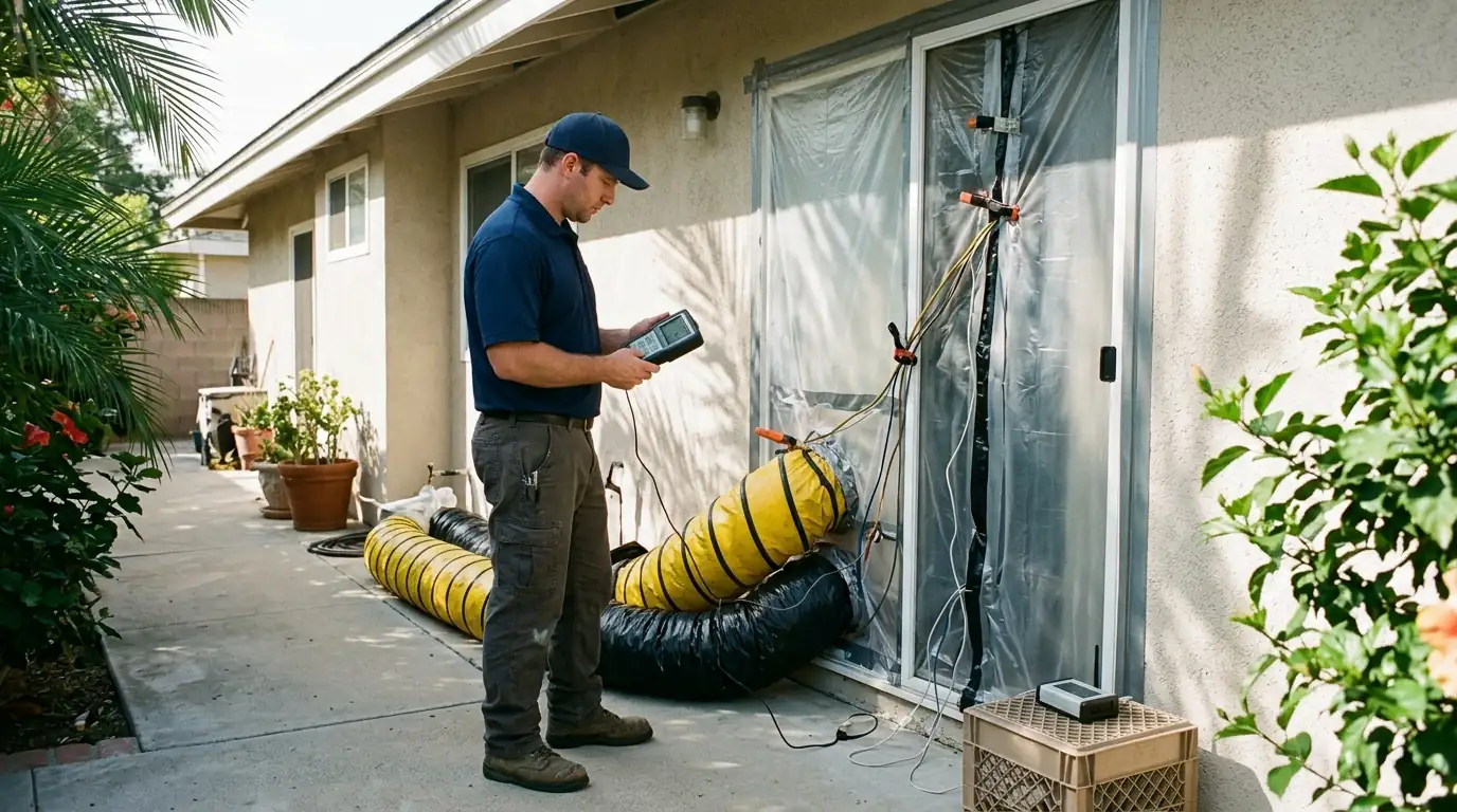 Technician checking a wireless temperature readout outside a treated Los Angeles bedroom during a heat hold, pestcontrolhuntingtonbeachca heat treatment feature