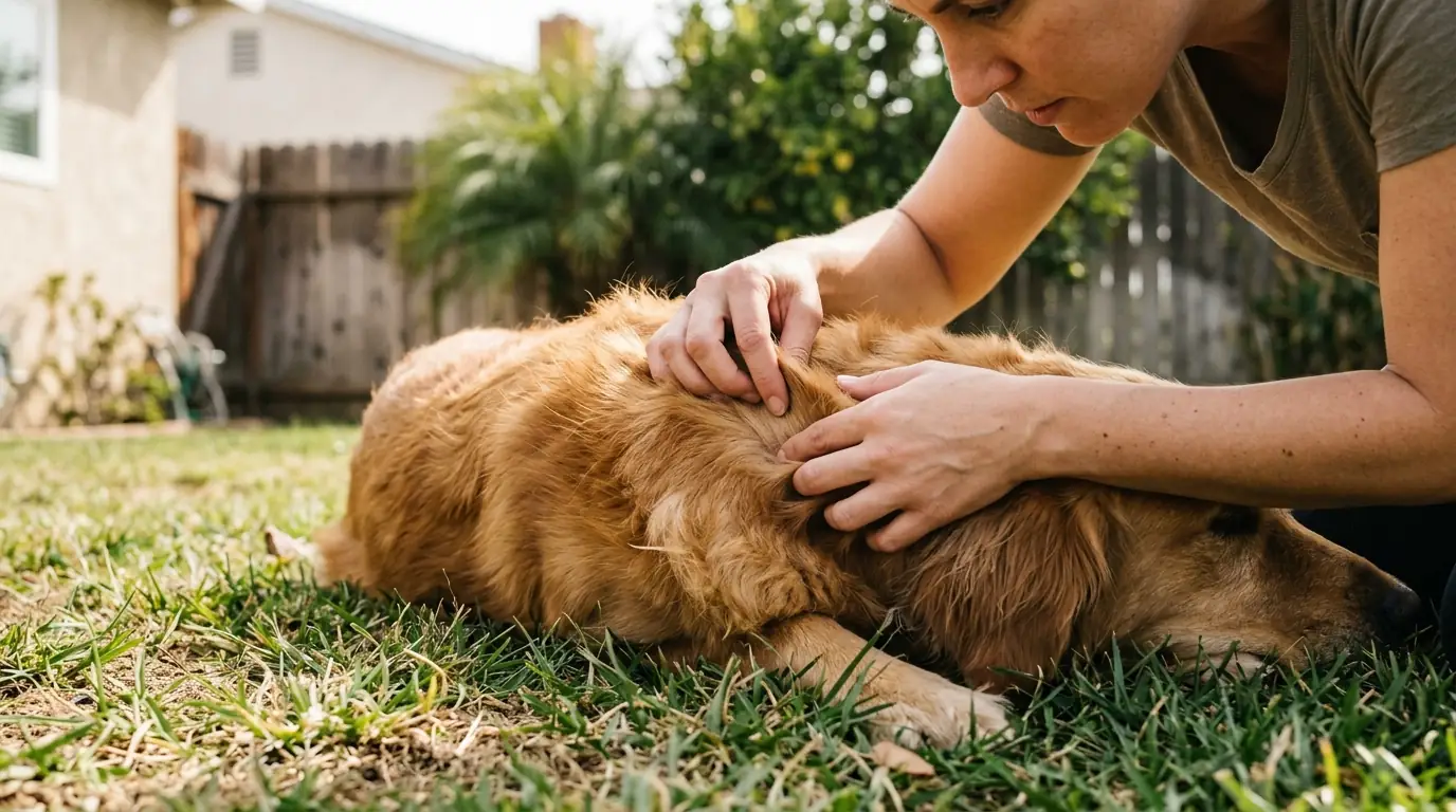 Close-up of a pet owner checking a dog for fleas on a Los Angeles backyard lawn, pestcontrolhuntingtonbeachca typhus guide fleas