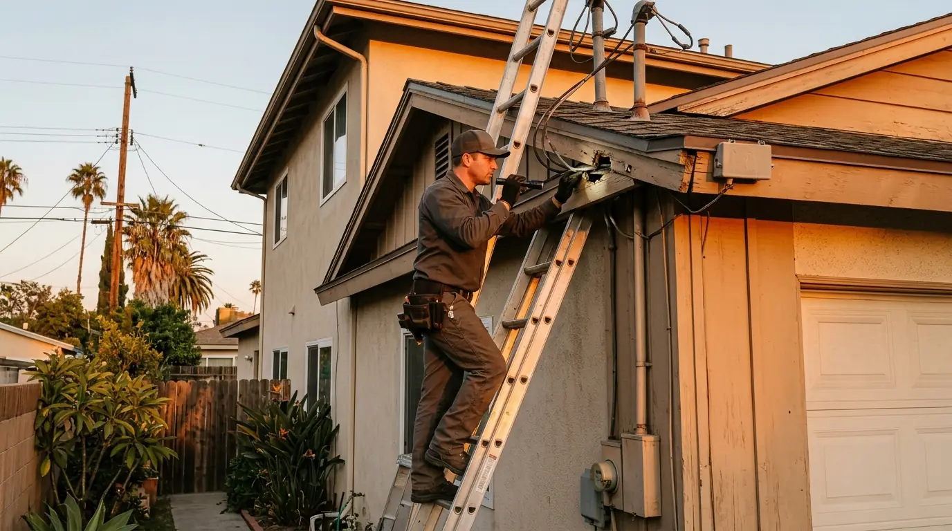 Technician on a ladder inspecting the roofline and utility line entry point of a Los Angeles home at golden hour, pestcontrolhuntingtonbeachca rat feature