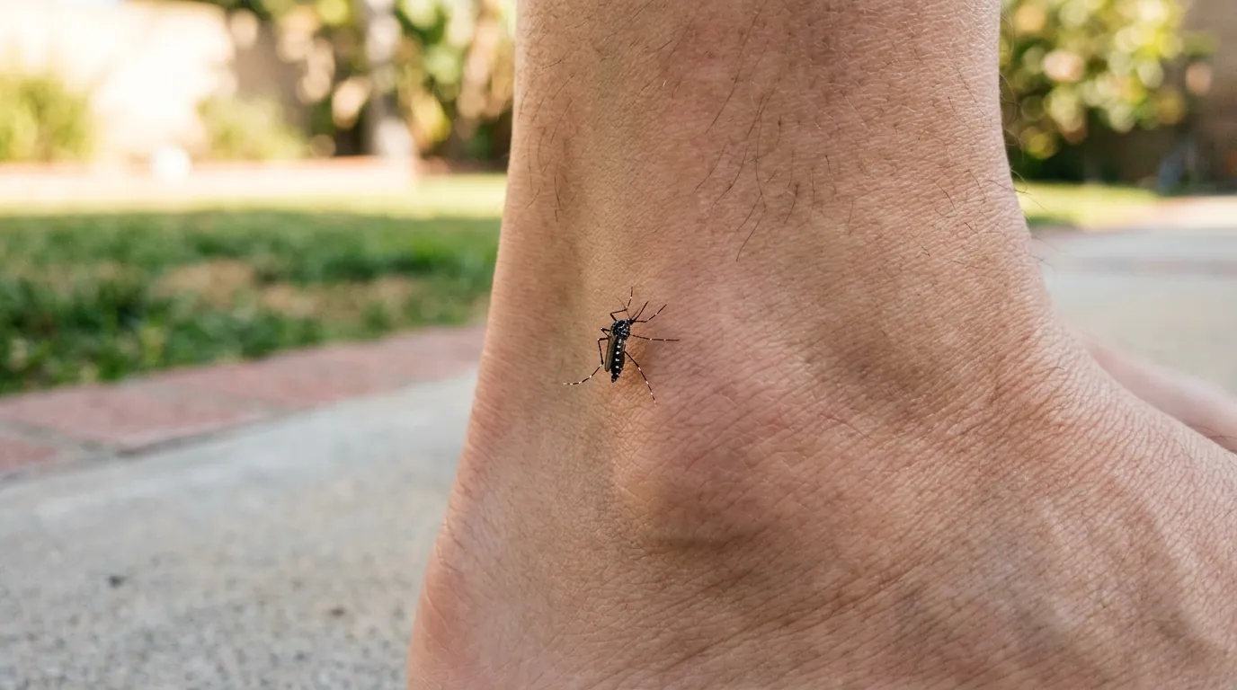Close-up of a small black and white striped mosquito on a bare ankle in a sunny Los Angeles backyard, pestcontrolhuntingtonbeachca mosquito guide feature