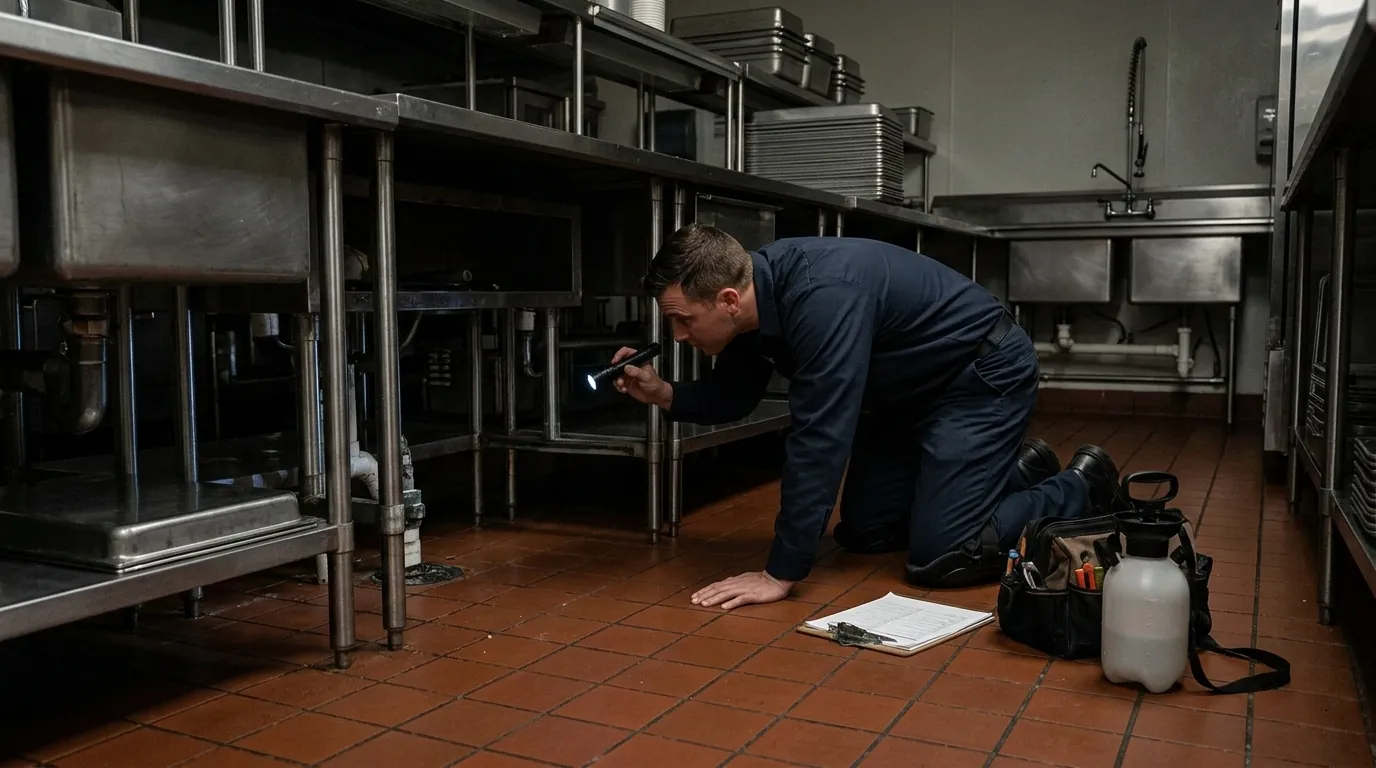 Technician inspecting under a stainless steel prep line in a commercial kitchen after closing, pestcontrolhuntingtonbeachca restaurant detail