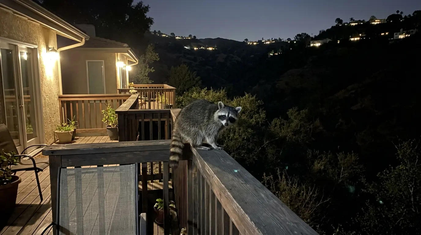 Raccoon on a wooden deck railing of a canyon home in Glendale at night, pestcontrolhuntingtonbeachca Glendale detail