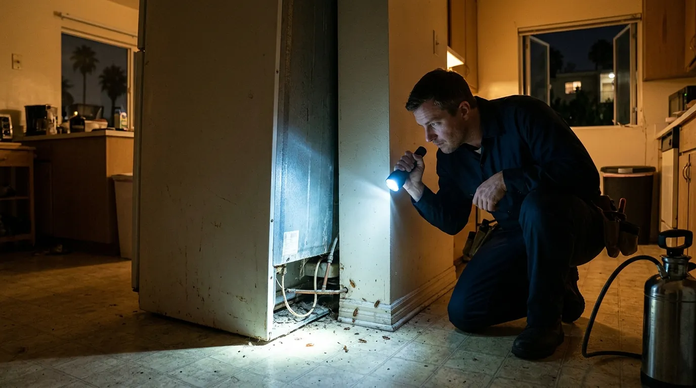 Technician inspecting behind a refrigerator with a flashlight in a Los Angeles kitchen at night, pestcontrolhuntingtonbeachca german roach feature