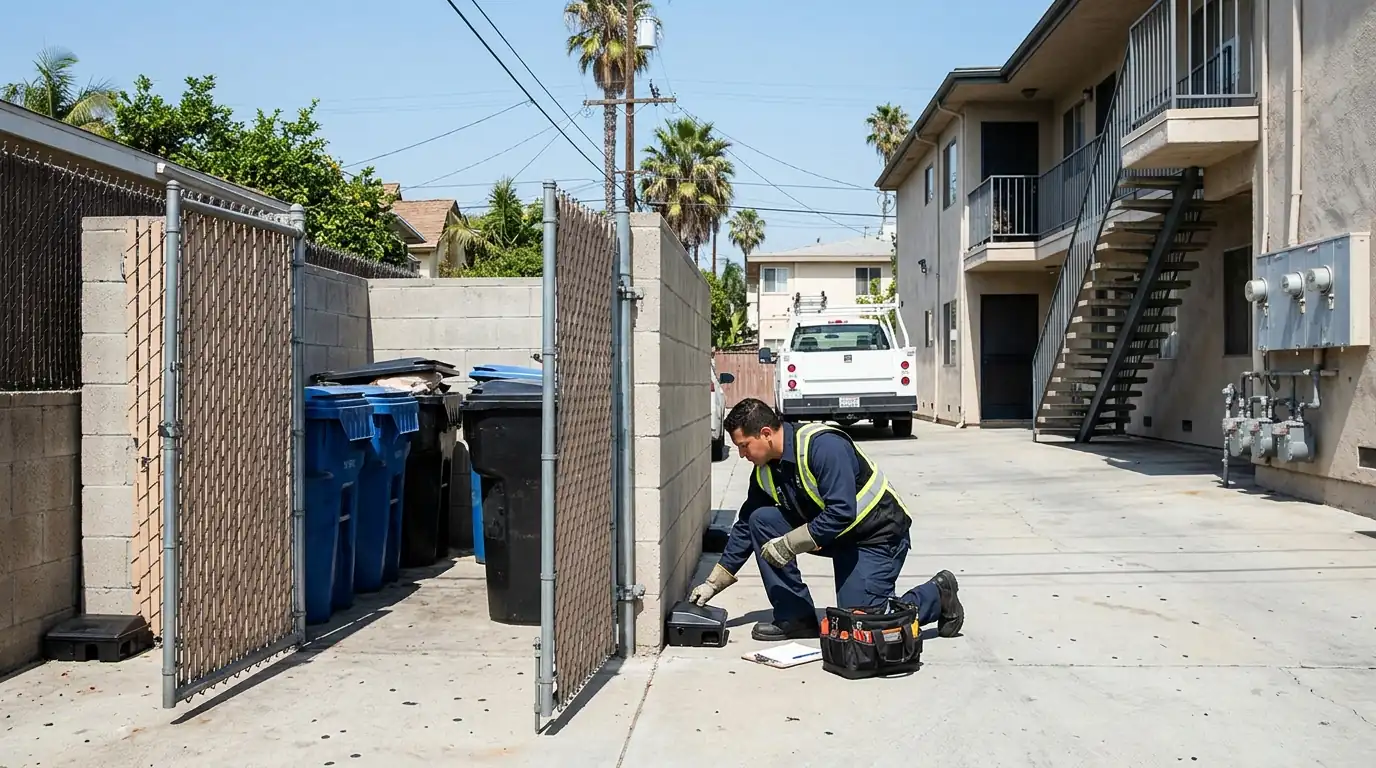 Technician servicing a trash enclosure behind a Los Angeles apartment building with bins and rodent stations visible, pestcontrolhuntingtonbeachca property management detail