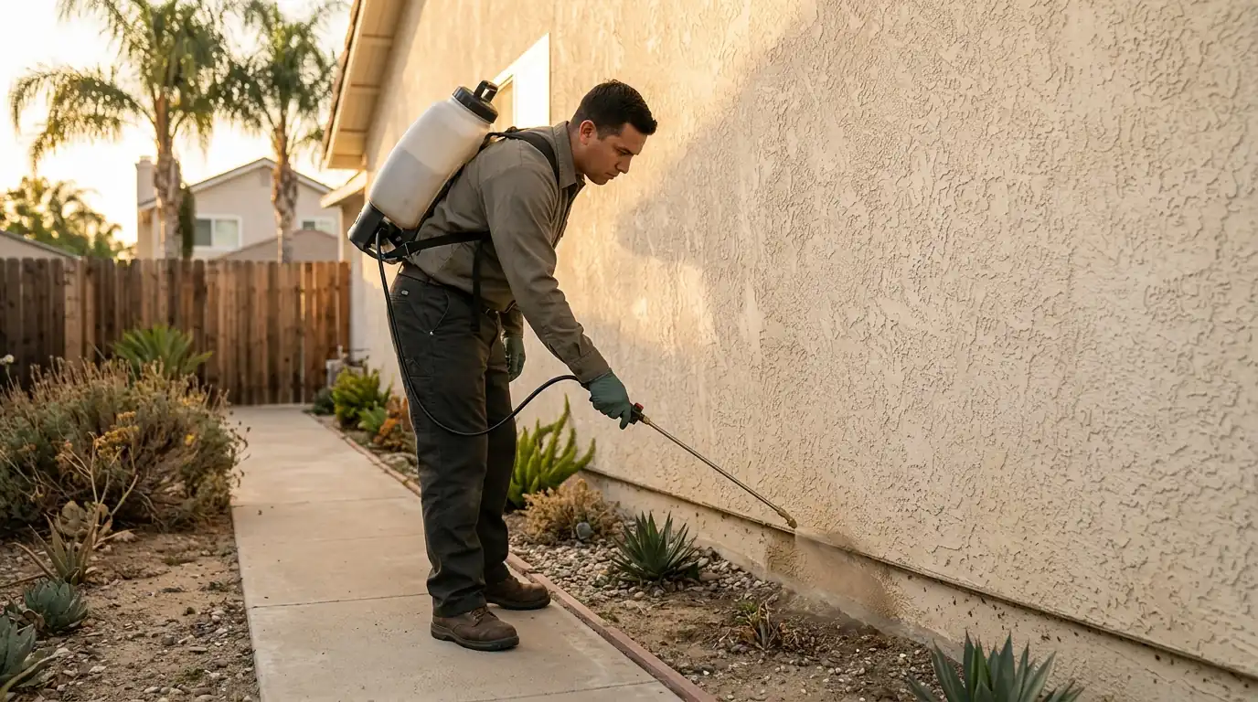 Exterior perimeter pest treatment along a stucco wall of a Southern California property in evening light, pestcontrolhuntingtonbeachca action band