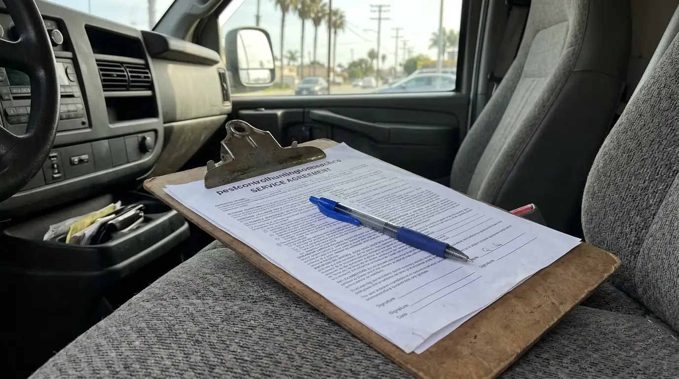 Service agreement and pen on a clipboard resting on a technician van seat in Los Angeles, pestcontrolhuntingtonbeachca terms feature