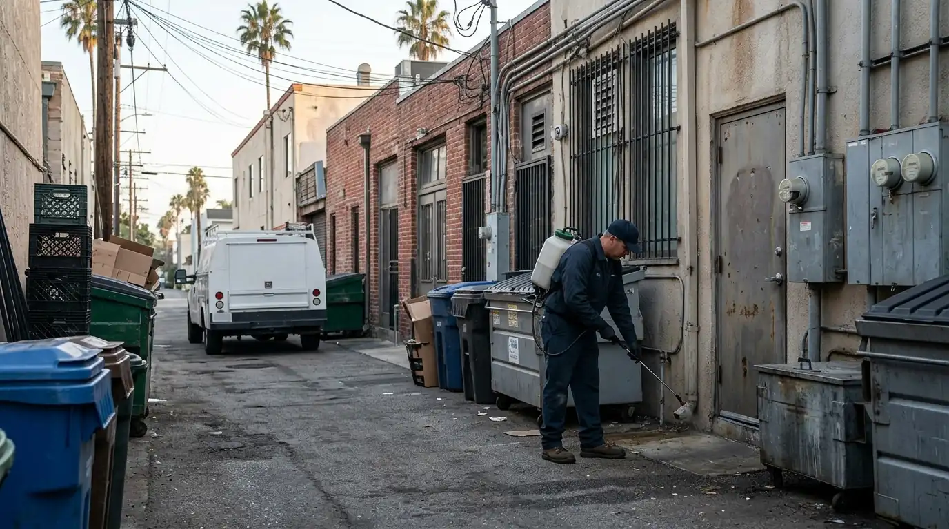 Technician servicing the alley behind a row of restaurants in Santa Monica in the early morning, pestcontrolhuntingtonbeachca Santa Monica detail