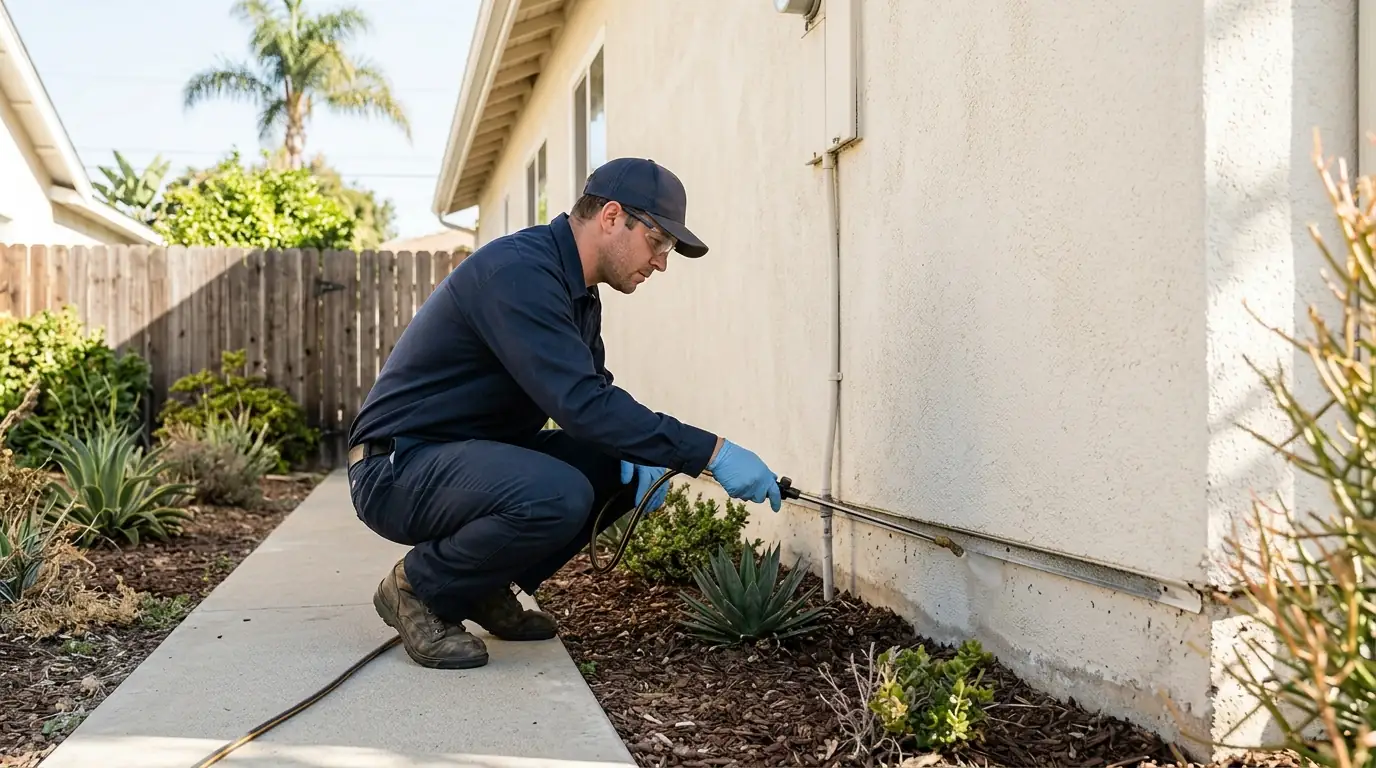 Technician applying a perimeter treatment along the foundation and weep screed of a stucco Los Angeles house, pestcontrolhuntingtonbeachca quarterly detail