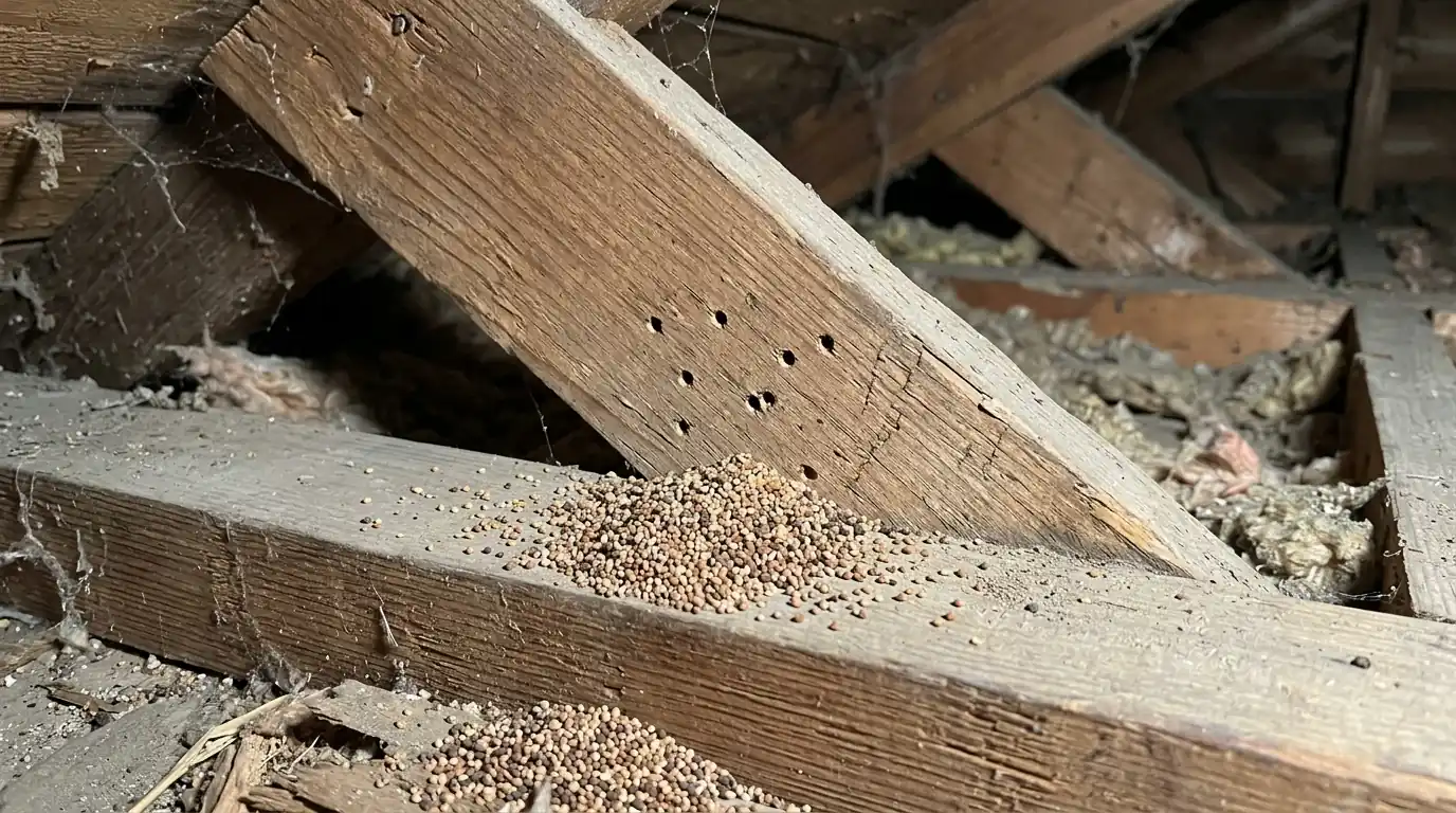 Close-up of drywood termite kick-out holes and pellet pile beneath an attic rafter in a Los Angeles home, pestcontrolhuntingtonbeachca drywood guide detail