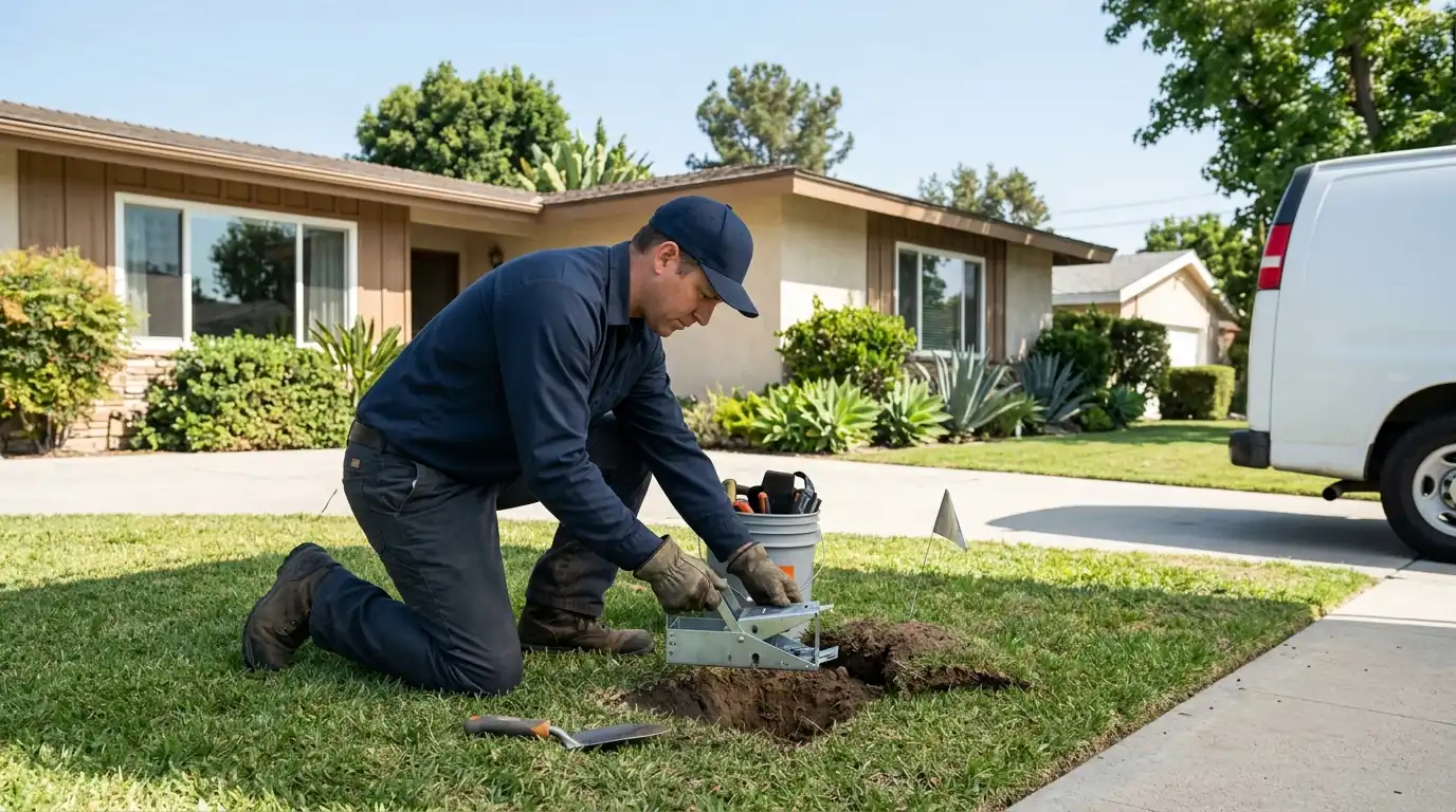 Technician setting a gopher trap in a front lawn of a Northridge ranch home in Los Angeles, pestcontrolhuntingtonbeachca Northridge detail