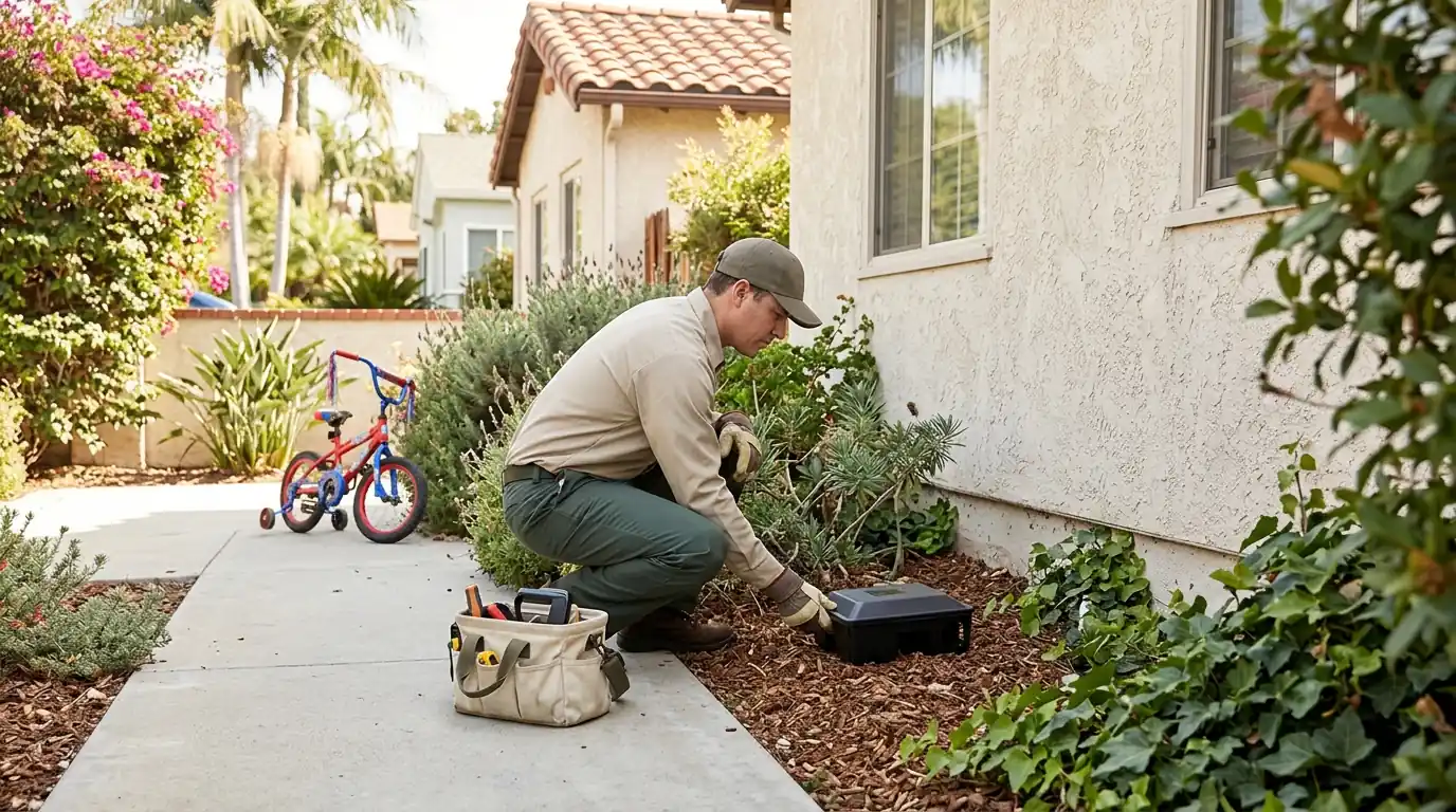 Technician placing a tamper-resistant bait station along a garden bed beside a Los Angeles home with a small bicycle nearby, pestcontrolhuntingtonbeachca eco-friendly feature