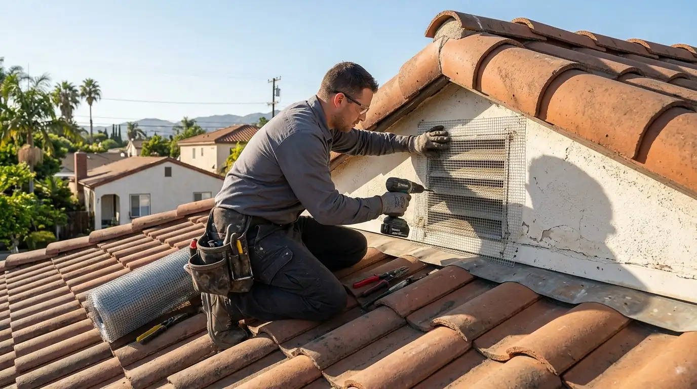 Technician screening an attic vent with hardware cloth on a Spanish-style Los Angeles roof, pestcontrolhuntingtonbeachca rat detail